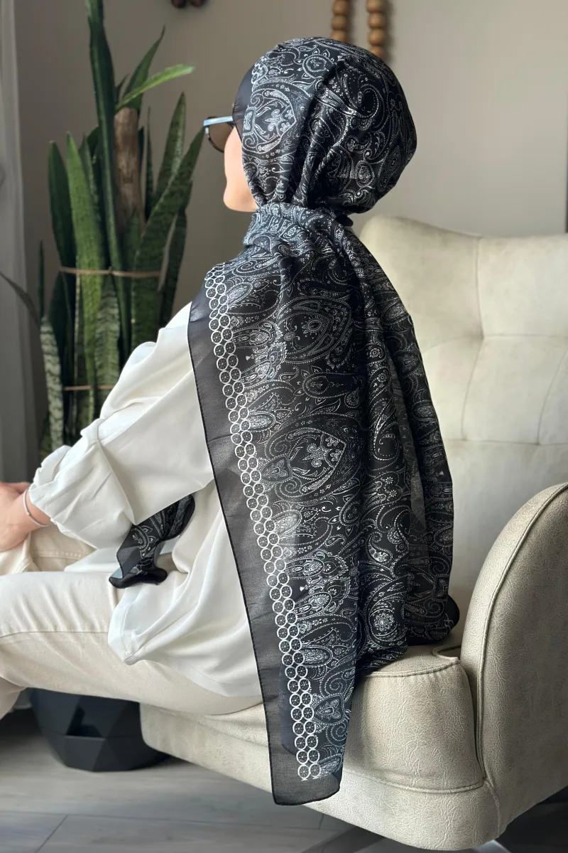 Retro Desen Soft Pamuk Şal - Siyah  - 3