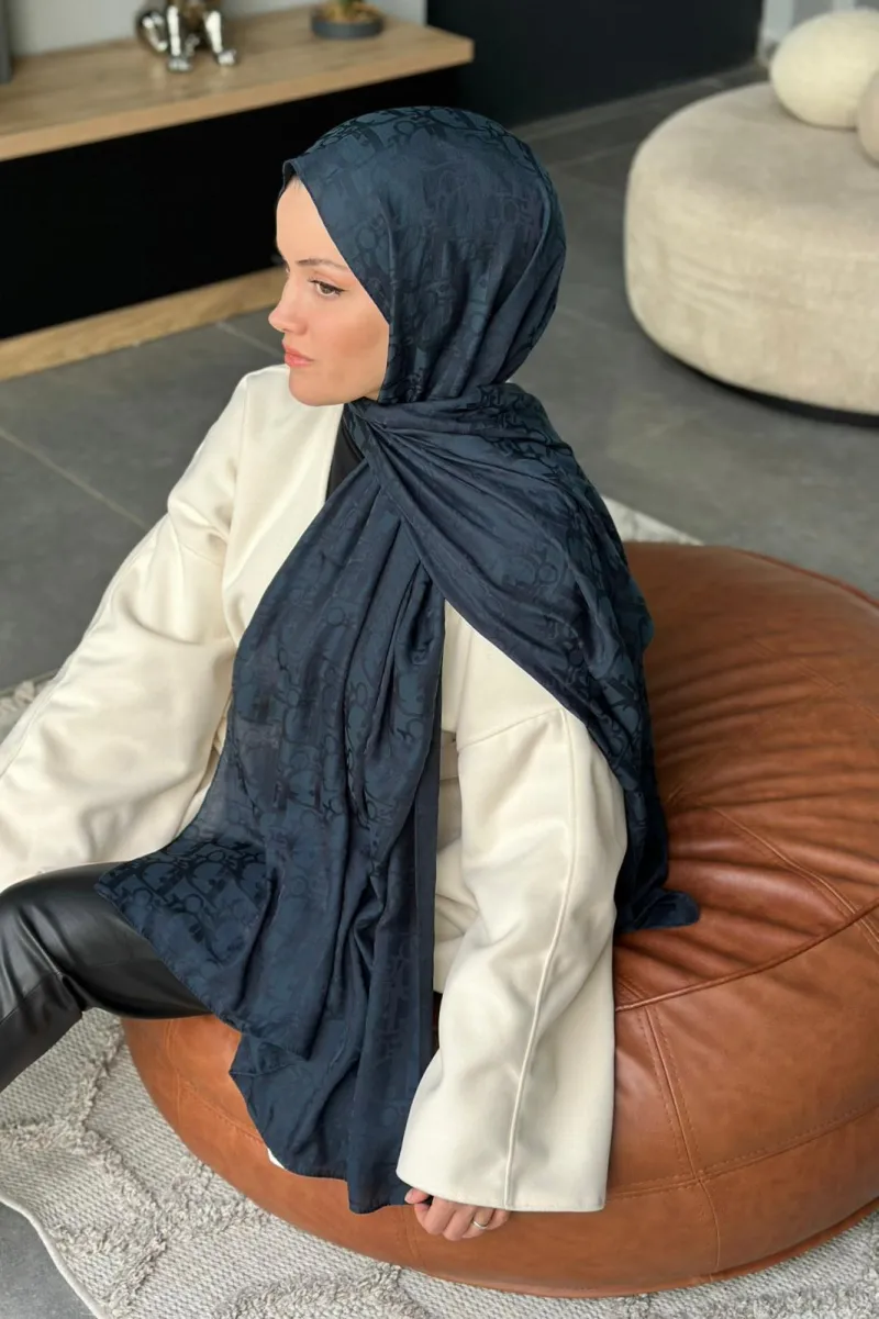 D Desen Ayrobin Jakar Şal - Lacivert  - 2