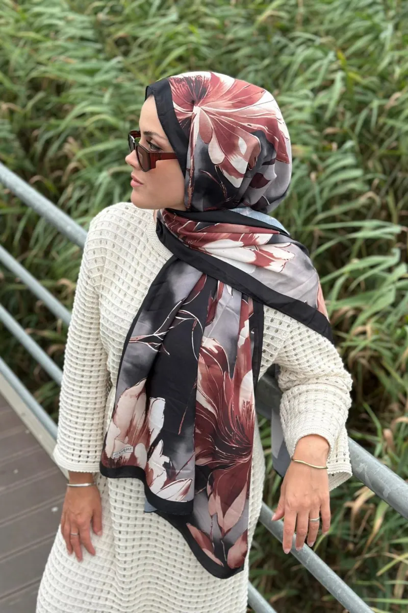 Garden Desen Soft Pamuk Şal - Siyah-Kahve 