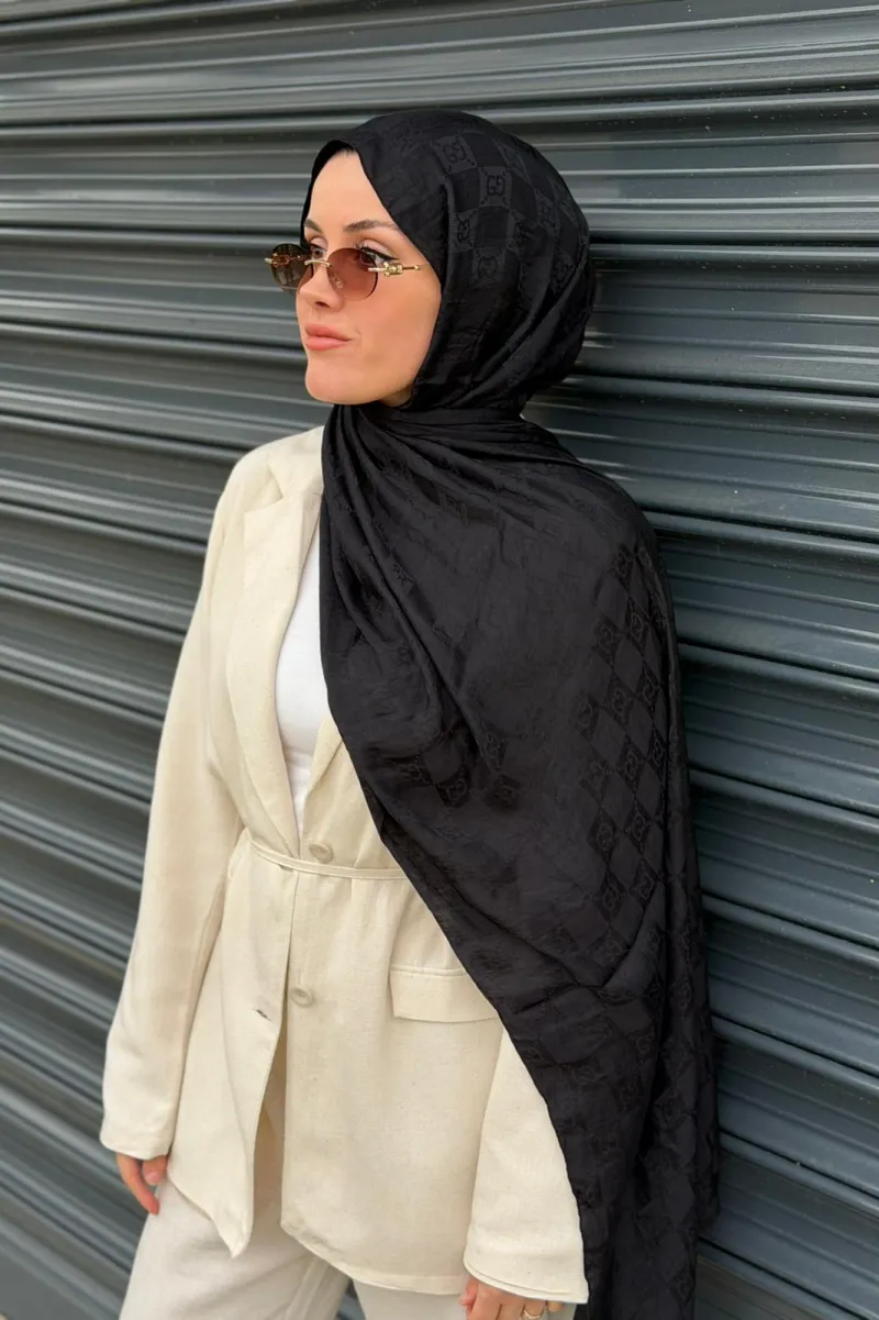 G Desen Ayrobin Pamuk Jakar Şal - Siyah - 2