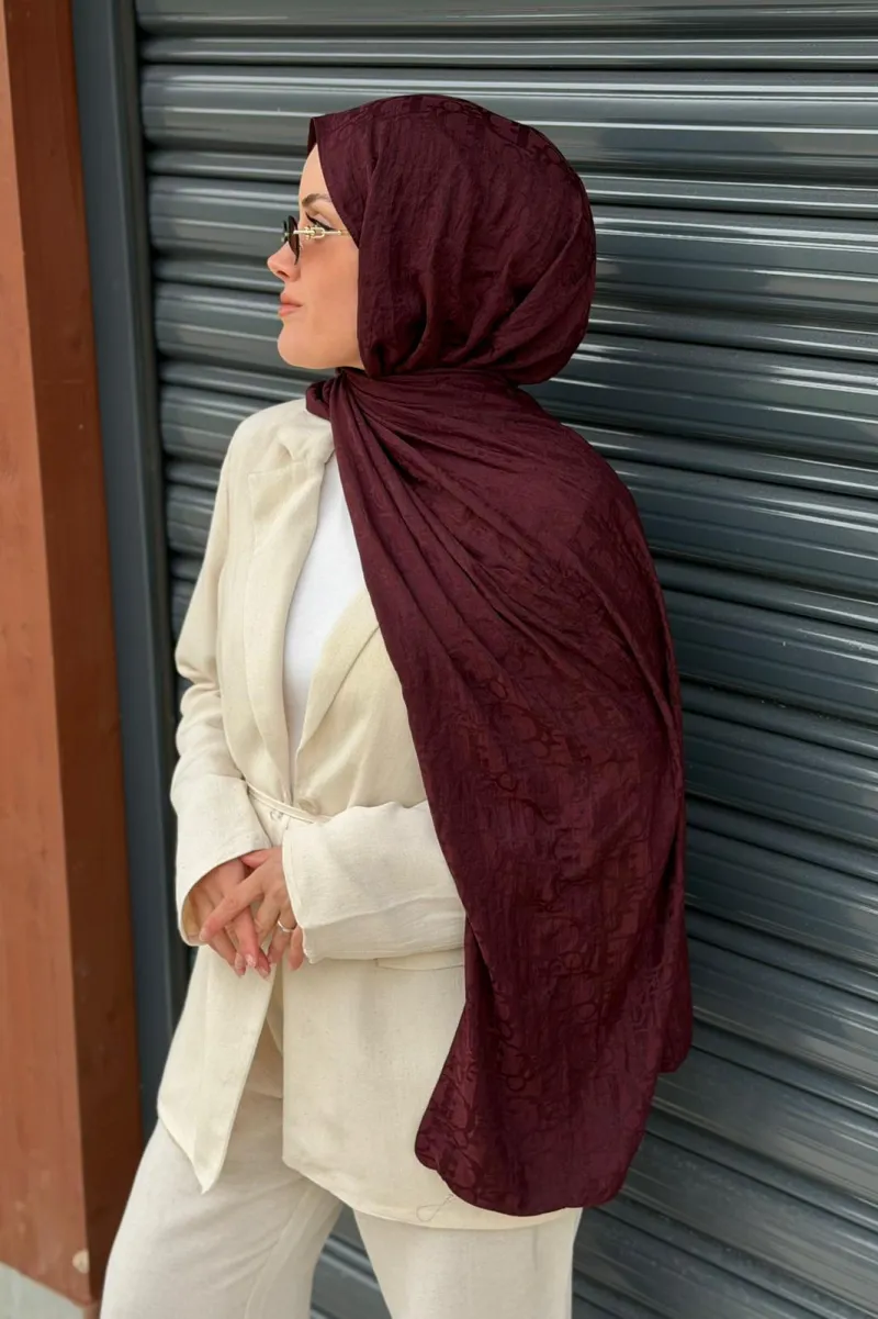D Desen Ayrobin Jakar Şal - Mürdüm - 2