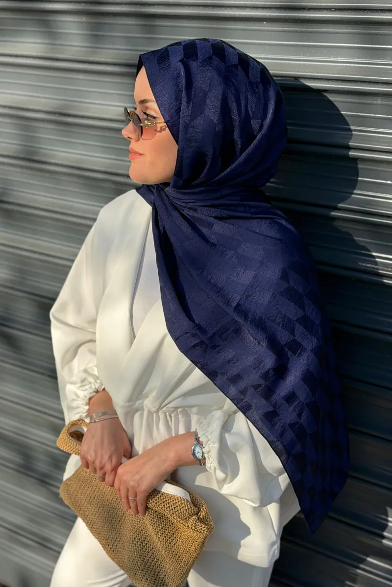 Qoza Desen Pamuk Jakar Şal -  Lacivert - 4
