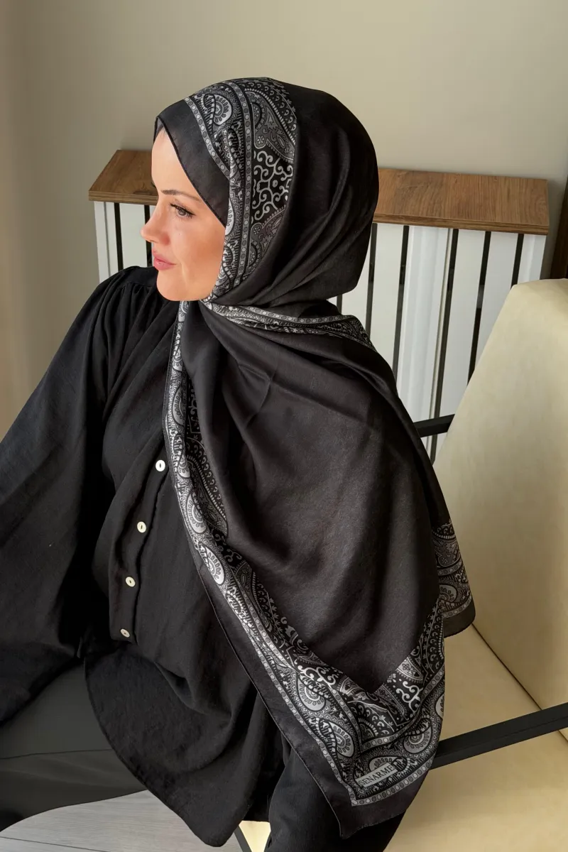 Zerafet Desen Soft Pamuk Şal - Siyah Antrasit - 3