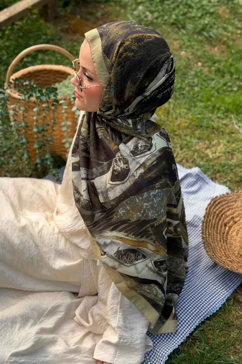 Hifa Desen Soft Pamuk Şal - Olive Yeşil - 2