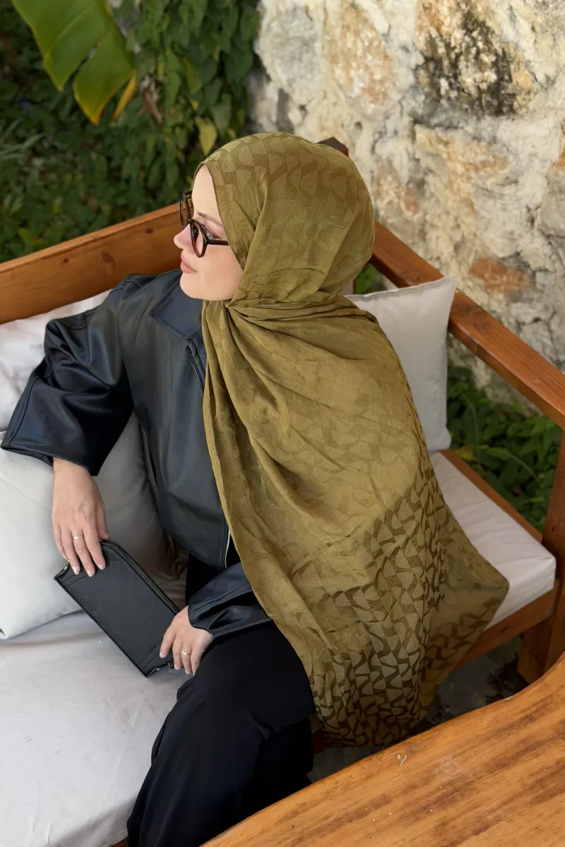 Wave Desen Ayrobin Jakar Şal - Olive Yeşil - 2