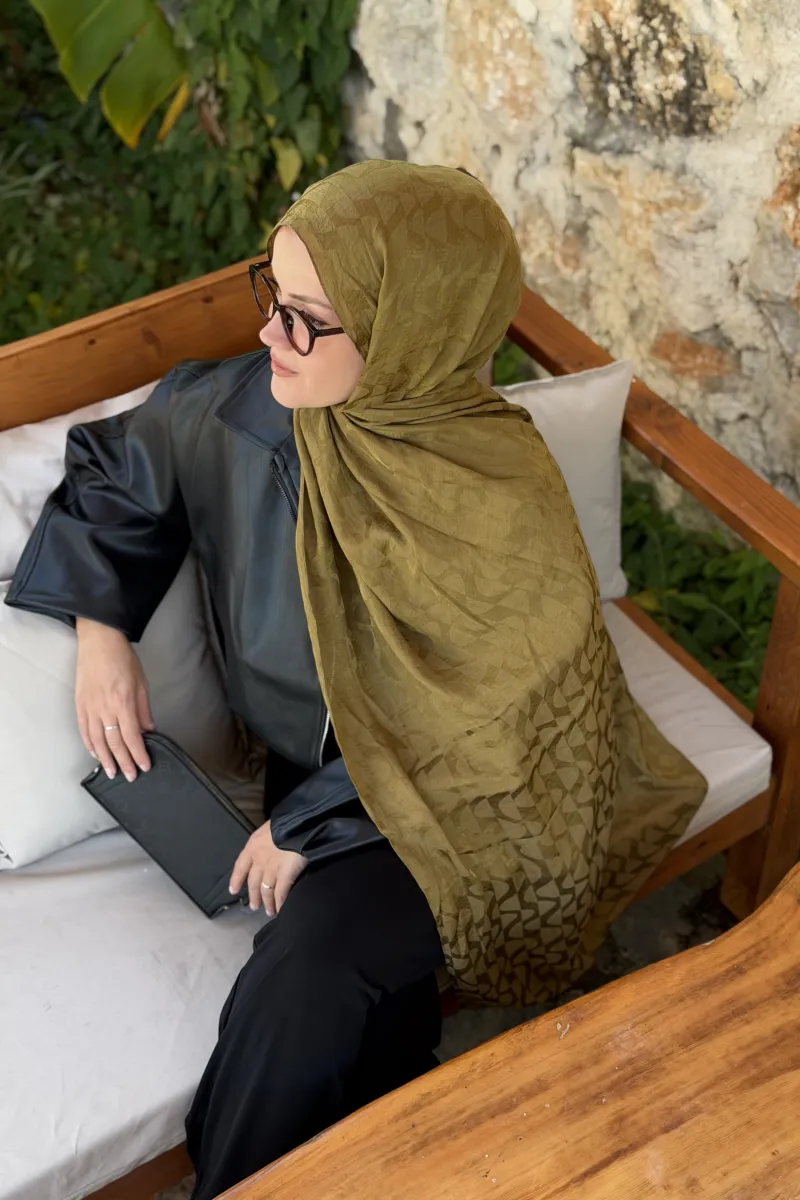 Wave Desen Ayrobin Jakar Şal - Olive Yeşil