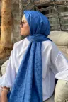C Desen İpeksi Jakar Şal - İndigo Mavi küçük görsel 1